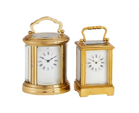 TWO FRENCH MINIATURE CARRIAGE TIMEPIECESONE STAMPED WITH INITIALS L.D., CIRCA 1900 AND LATEREach with eight-day single train 