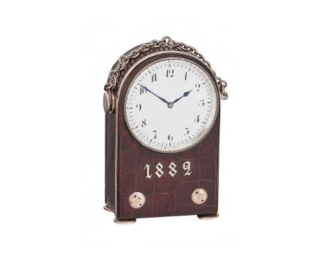 A FRENCH SILVER MOUNTED LEATHER COVERED SMALL HUMP-BACK CARRIAGE TIMEPIECERETAILED BY COOPER, LONDON, CIRCA 1882The rectangul