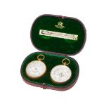 Y A VICTORIAN CASED SET OF GILT BRASS ANEROID POCKET BAROMETER WITH A COMPASS AND A THERMOMETER