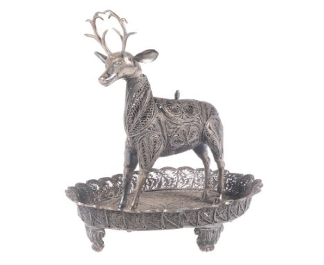 "Sahumador". Deer-shaped, silver filigree incense burner in chased and embossed cast silver. Colonial School. Peru. Late 18th