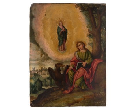Attributed to Bernardo Bitti (Camerino, Italy, 1548 - Lima, 1610) "Saint John in Patmos" Oil on copper. 31 x 22,5 cm. Bitti, 