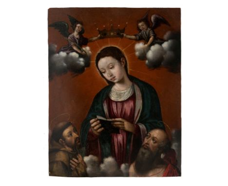 Attributed to Angelino Medoro (Naples, 1567 - Seville, 1631) "Madonna of the book with Saint Francis of Assisi and Saint Jero