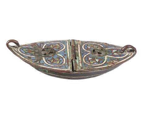 Engraved, chased and partially gilded copper incense burner with champlevé enamel. Limoges. France. Romanesque. 13th century.