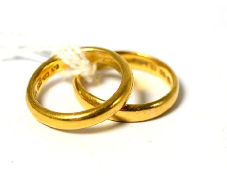 Two 22ct gold band rings, finger sizes K and M 1/2 (2)Good condition. Gross weight 10.3 grams CR 29.04.16