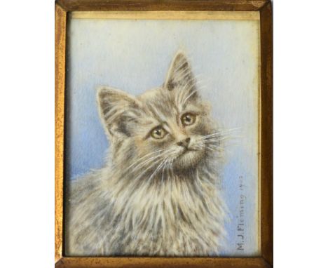 M.J. Fleming, portrait of a cat, miniature on ivory, signed and dated 1902, 6.3cm by 5cm