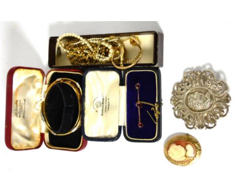 A small quantity of jewellery including a 9 carat gold cameo brooch, two stick pins, a garnet bar brooch, a 9 carat two-colou