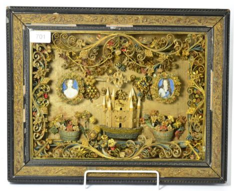A superb 18th century paperscroll three dimensional double portrait tableaux, in a glass fronted case