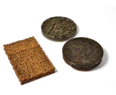 A white metal mounted Cantonese tortoiseshell circular snuff box, 8.5cm; and a Cantonese carved wood card case, 10.5cm
