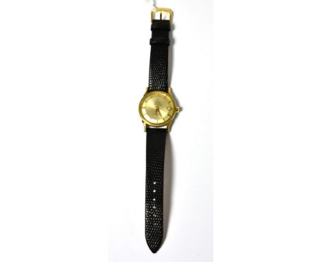 A gold plated ''Pie Pan'' calendar centre seconds wristwatch, signed Omega, Chronometer, Officially Certified, model: Constel