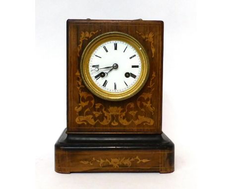 * A rosewood inlaid striking mantel clock, 19th century, carrying handle, enamel dial with Roman numerals, twin barrel moveme