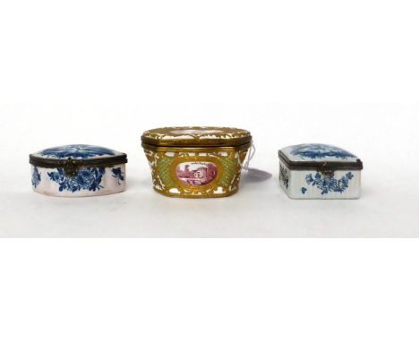 * A gilt metal mounted faience snuff box with purple monochrome landscapes, 8cm; and two delft similar boxes (3)