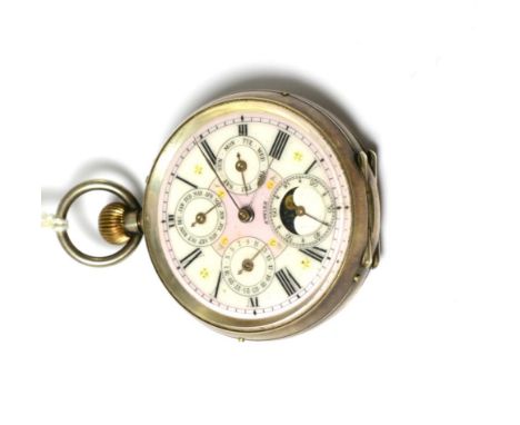 A triple calendar moonphase pocket watch, circa 1900, lever movement, enamel dial with Roman numerals, four dials for seconds