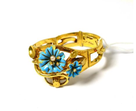 Second Empire Paris floral bracelet in 18ct gold, blue enamel and pearls, with weight based mark indicating a weight of 37 gr