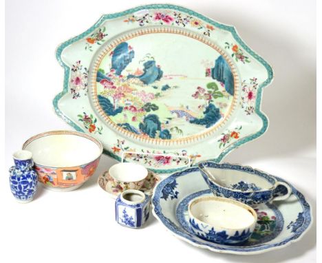 An 18th century Chinese famille rose decorated dish, 44cm diameter, an 18th century Chinese blue and white plate decorated wi