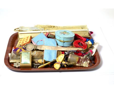 ^ A French fan (a.f.) sewing accessories, needle cases, silver gilt mounted comb, button hook etc 