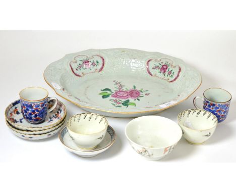 ^ An 18th century Chinese famille rose oval basin; a similar bowl; a pair of coffee cups and three saucers; a pair of English