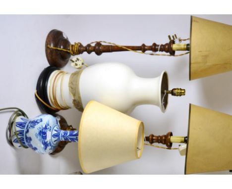 ^ A pair of tall table lamps and shades, small blue and white baluster table lamp and shade and a modern large cream pottery 