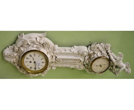 An unusual porcelain timepiece with combined aneroid barometer/thermometer, circa 1890, 67cm high03.05.16, Case with a large 
