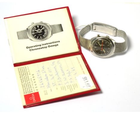 A stainless steel wristwatch, signed Omega, model: Chronostop, Geneve, circa 1969, lever movement, grey coloured dial with ba