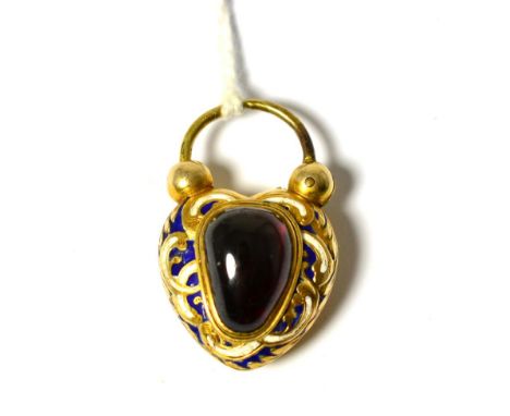 A garnet and enamelled padlock pendant, the heart shaped lock with a carbuncle garnet centrally, and enamelled in blue and wh