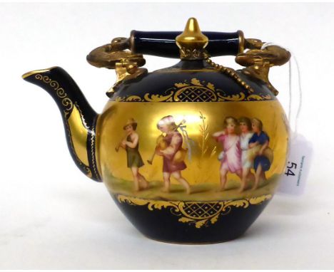 * A gilt metal mounted Vienna style porcelain tea kettle and cover, painted with named classical scenes on a gilt ground, 16c