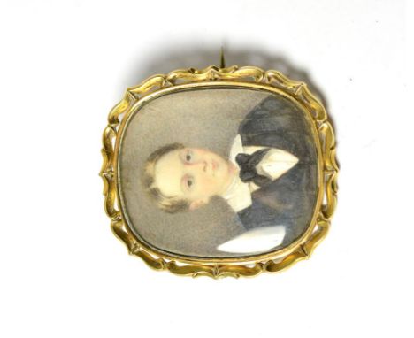 An early Victorian portrait miniature on ivory, depicting a boy, bust length, wearing a dark suit, 5.1cm by 4.4cm, in a gilt 