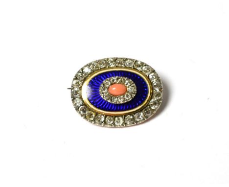 A late 19th century coral diamond and enamel oval brooch, the central coral within a border of old cut diamonds, to a blue an