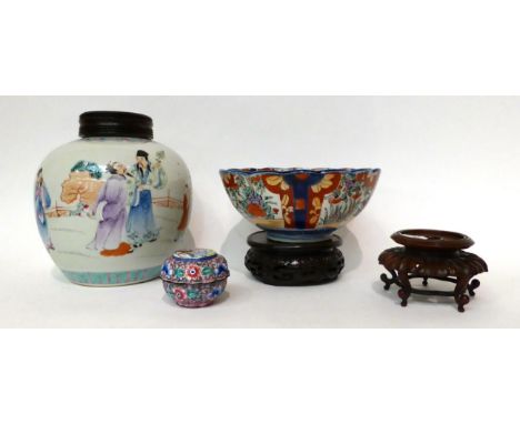 * A Chinese famille rose jar decorated with figures, 17.5cm high, hardwood cover; a Canton enamel circular box and cover; an 