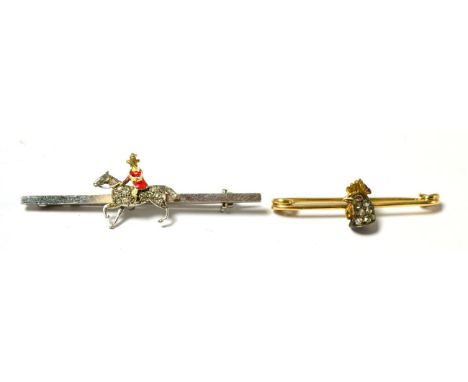 A bar brooch, with a diamond set cockerel's head to the centre, length 3.6cm, and a bar brooch, depicting an enamelled Mounti