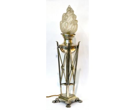 * An Art Deco chrome table lamp raised on paw feet with a frosted glass shade, 66cm high