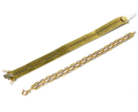 Two three colour bracelets, one in entwined form, one as articulated geometric links (2)Good condition. However, the geometri