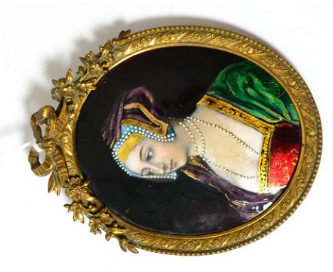 A late 19th/early 20th century Limoges enamel miniature half length portrait of a 17th century lady wearing a pearl trimmed h