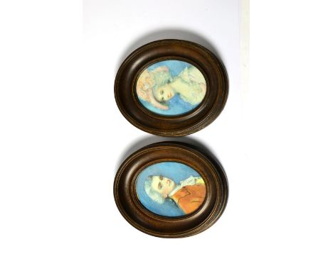 A pair of early 20th century oval portrait miniatures on ivory, reputedly depicting Sir Charles and Lady Oakley, each 8.5 cm 