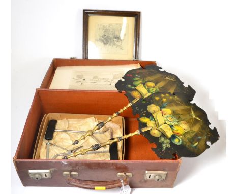 ^ A pair of Peel & Co, London boot pullers, framed print of a fox, an unframed hunting print in a small leather case and a pa