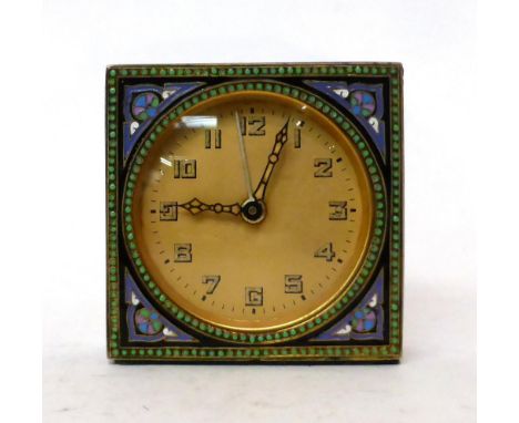 * A champleve enamel alarm timepiece, circa 1920, multi coloured champleve enamel panels, gilt coloured dial with Arabic nume