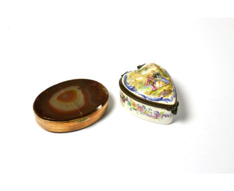 Heart shaped 18th century enamel box and cover 'Lille 1767' and an agate oval hinged snuff box and cover (2)