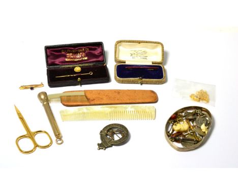 A 9ct gold pencil, maker's mark SM&Co for Sampson Morden, 9ct gold cased stick pin, etc 