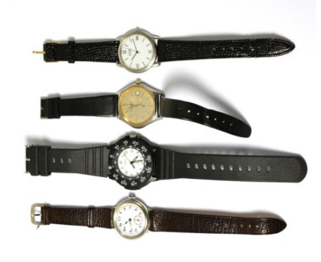 A silver gents wristwatch, case stamped 925 for silver and maker's mark FB, and three other gents wristwatches signed Traser,