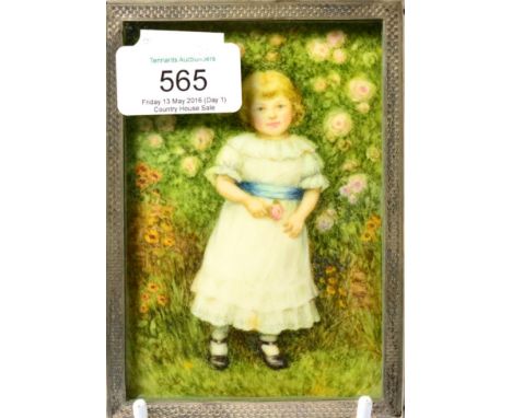 R.P. Hawke Smith, Maisie in the Garden, miniature portrait on ivory, signed with initials, 12cm by 8cm, silver-mounted oak fr