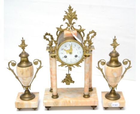 A marble and gilt metal striking mantel clock garniture, early 20th century, four columns raised on a marble plinth, scroll a