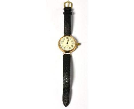 A 9ct gold gents wristwatch, 1919, lever movement, enamel dial with Arabic numerals, seconds dial, case back stamped inside F