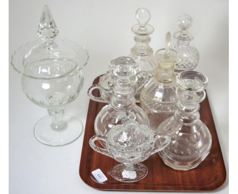 ^ A pair of 19th century cut glass mallet decanters and stoppers, 27cm; a similar pair of decanters and stoppers, 24cm; a thi