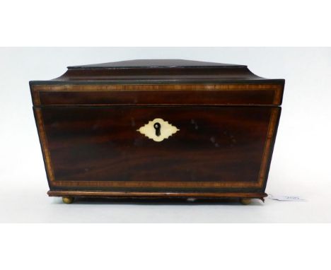 * A 19th century mahogany and satinwood banded tea caddy; together with a quantity of marbles; and a pair of brass and porcel