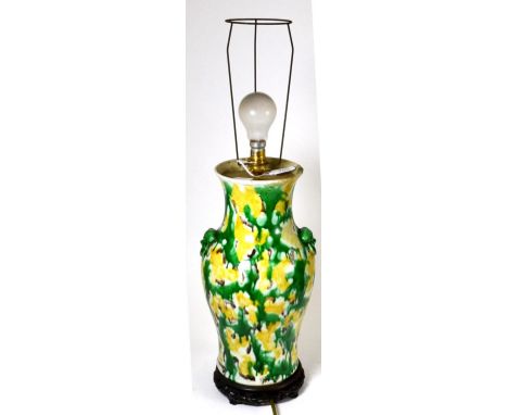 ^ A Chinese Sancai glazed baluster vase, with flared rim and ring and mask handles, 37cm high, adapted as a lamp baseRepair t