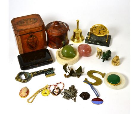 ^ A Georgian marquetry tea caddy; a set of maple wood coasters in container; a horn netsuke; a cameo pendant; a tortoiseshell