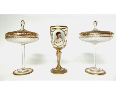 * A Bohemian glass goblet decorated with a bust portrait of a lady, 20cm; and a pair of glass tazzas and covers, 23cm highCov