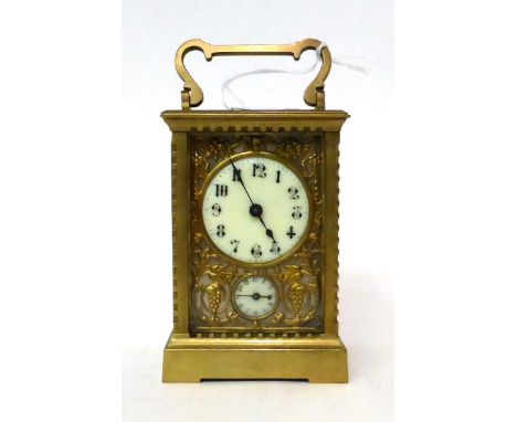 * A brass alarm carriage timepiece, circa 1910, carrying handle, enamel dial with Arabic numerals, alarm dial, single barrel 