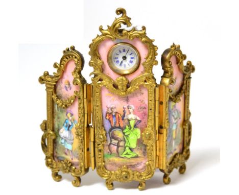 A French enamel boudoir timepiece, circa 1900, mechanical movement, enamel dial with Roman numerals, the elaborate scroll and