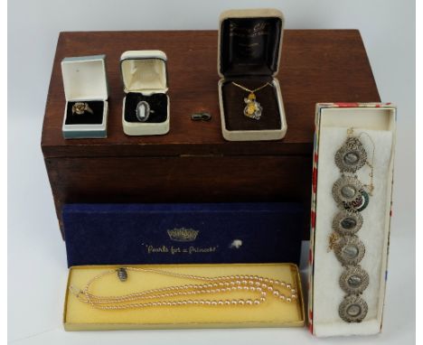 A collection of costume jewellery including Cultured Pearls, Silver bangle & ring, threepenny bit silver bracelet ,Wedgwood j