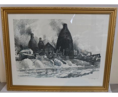 Reginald Hagger, A signed print of The Gladstone Pottery Museum Kilns to commemorate the last firing, no 2 of 250 in gilt fra